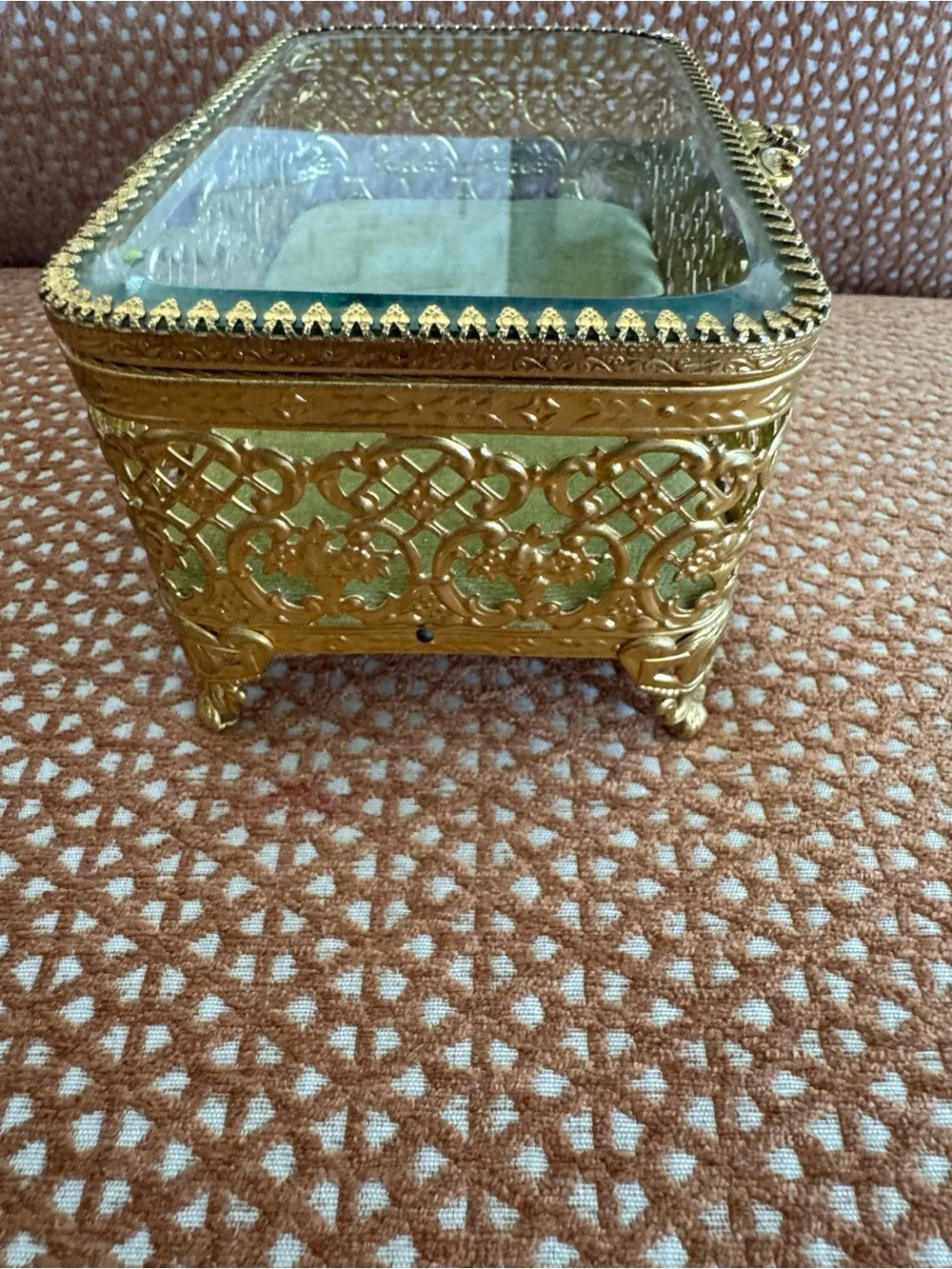 1960s Matson 24k Gold Plated Ornate Ormolu Filigree Footed Jewelry Box